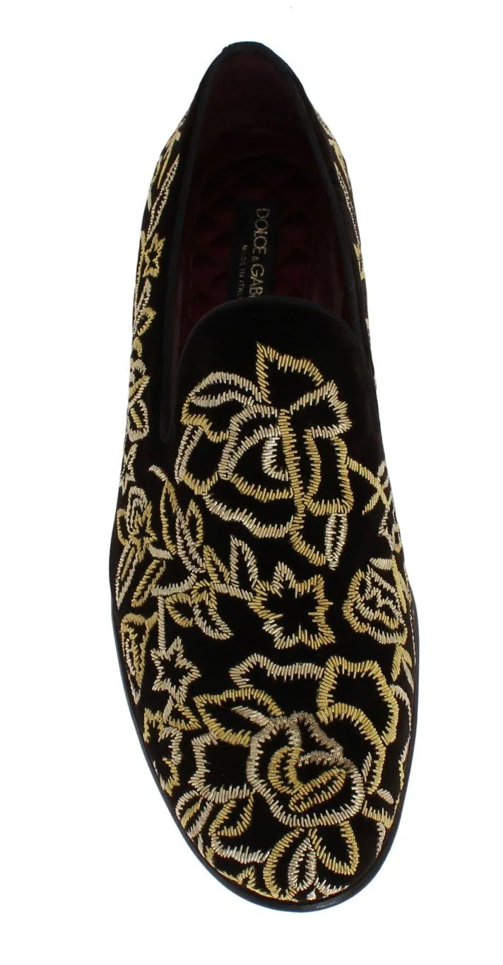 Brown Velvet Gold Embroidery Loafers Suede Slip On Loafers