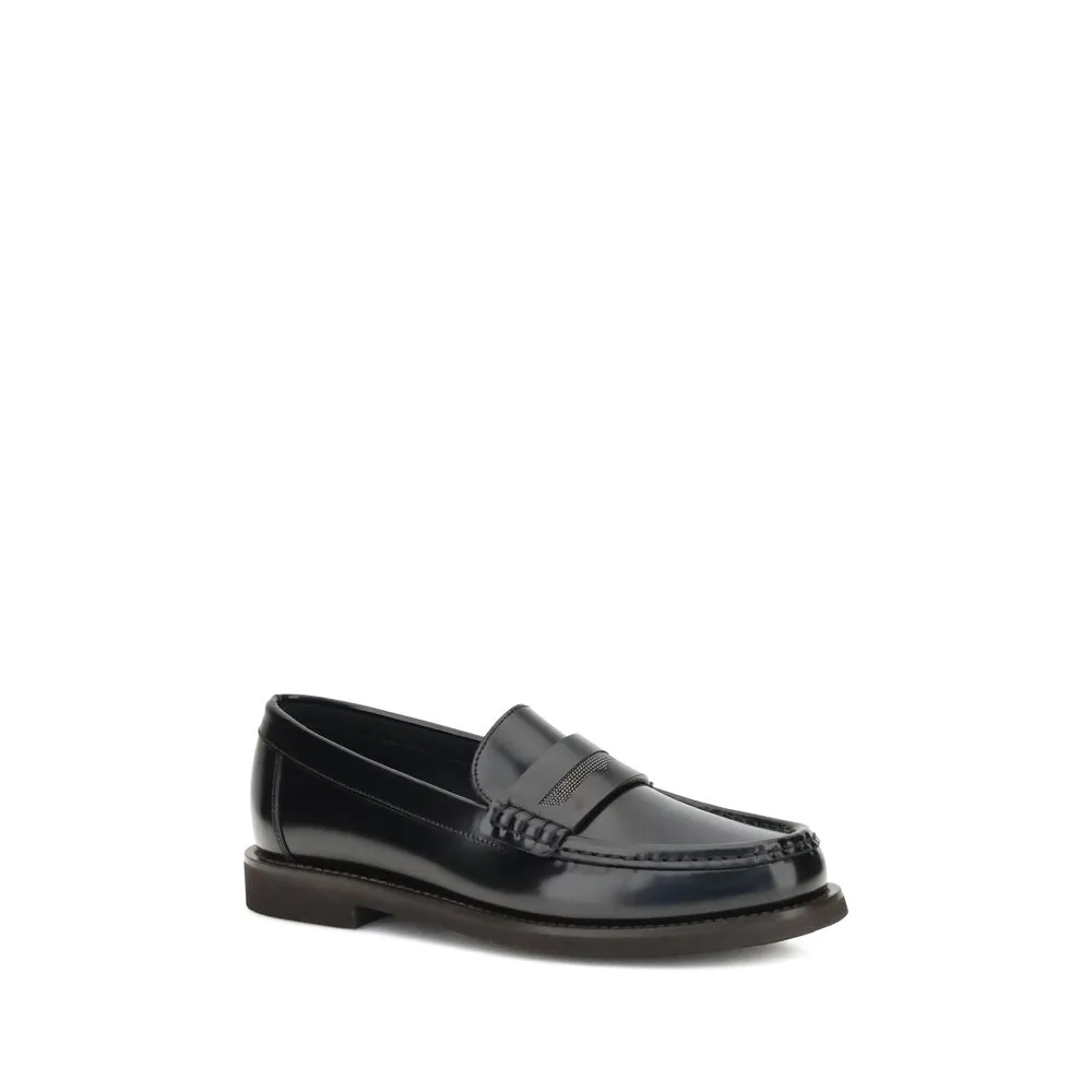 Brunello Cucinelli Black Calf Leather Bos Taurus Slip-On Loafers Bamboo Loafers