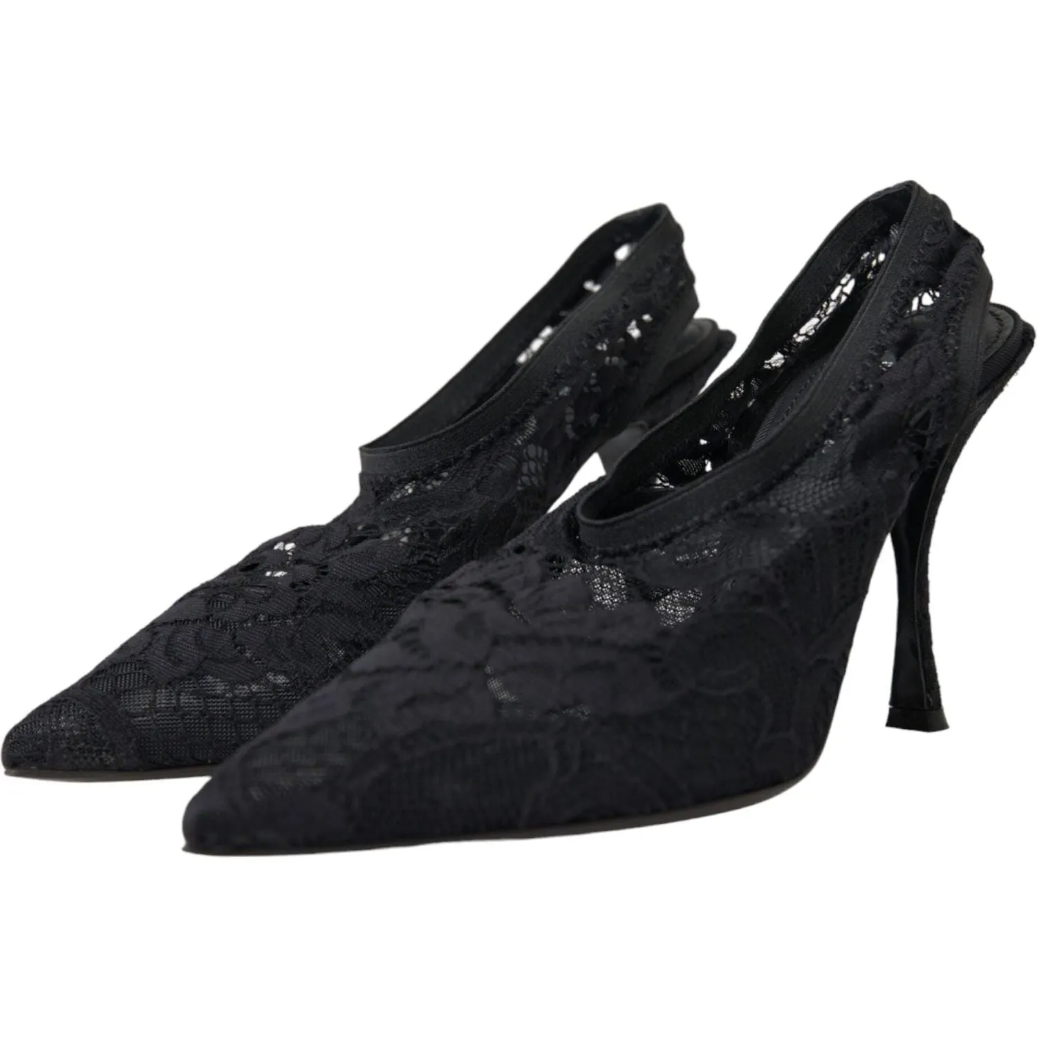 Dolce & Gabbana Black Lace Stretch Heels Slingbacks Shoes Republic Sandals