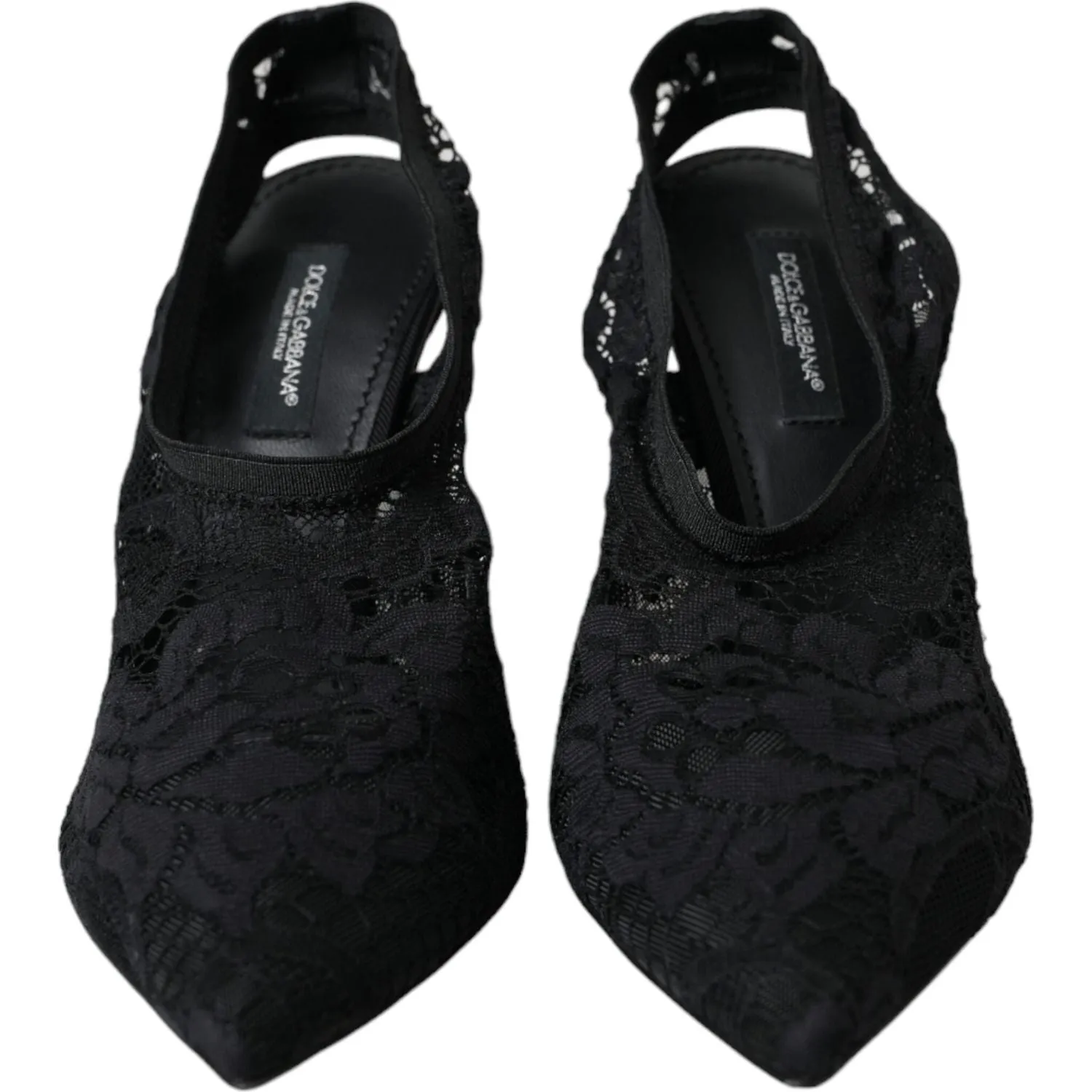 Dolce & Gabbana Black Lace Stretch Heels Slingbacks Shoes Sandals For Arch Support