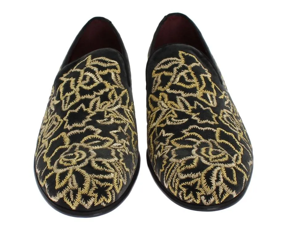 Gray Velvet Gold Embroidery Loafers Cordovan Tassel Loafers