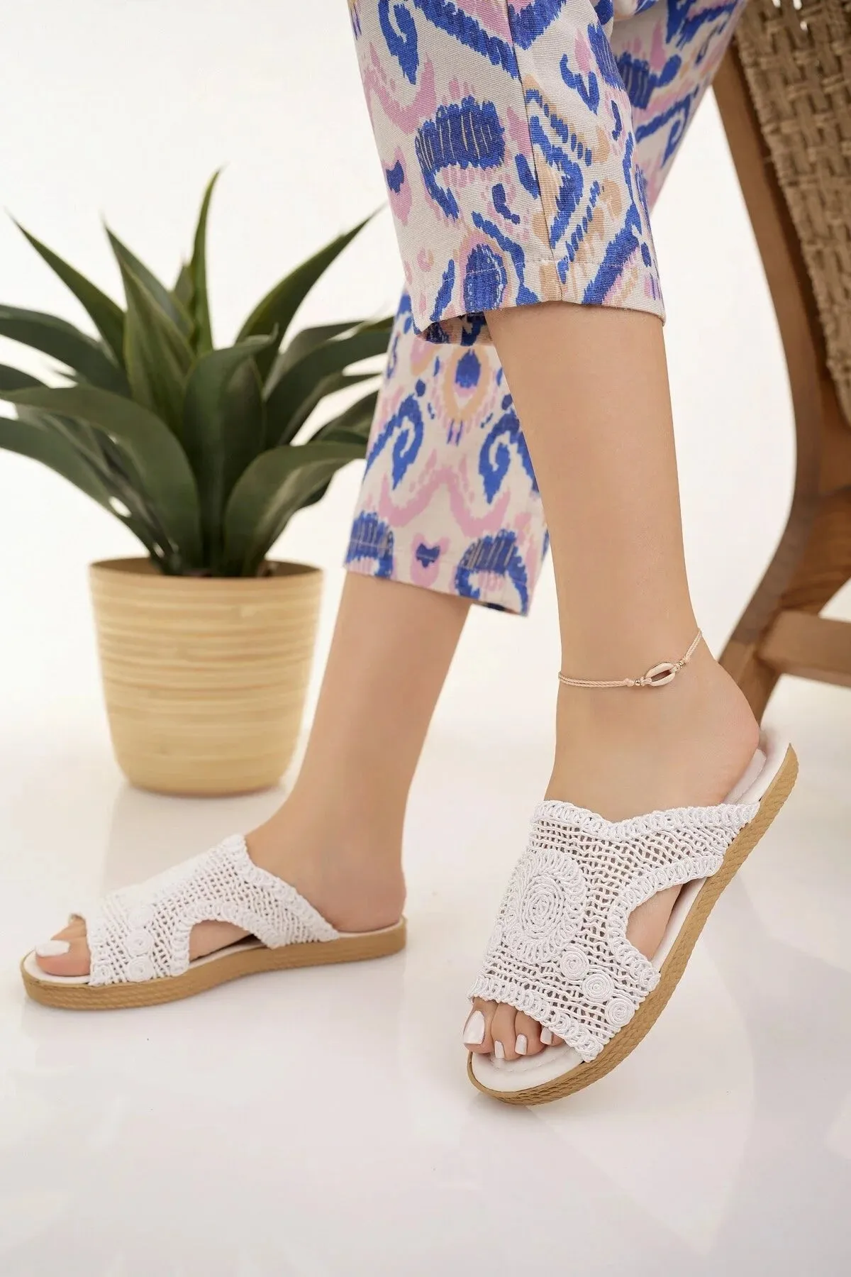 Modafrsat Women's Straw Knitting Lace Slippers Mahabis Slippers