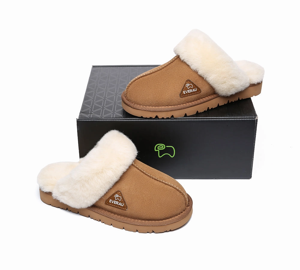 EVERAU UGG Slippers Premium Sheepskin Wool Scuff Muffin Hot Topi