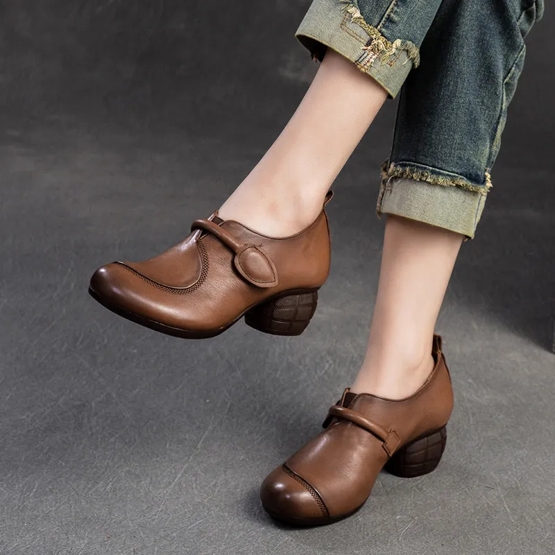 Women Retro Leather Minimliast Chunky Heel Pumps Brown Leather Shoes Casual