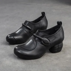 Women Retro Leather Minimliast Chunky Heel Pumps Nature 5 Lo Leather Casual Shoes