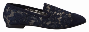 Blue Floral Lace Slip Ons Loafers Flats Shoes Ladies Moccasin Loafers