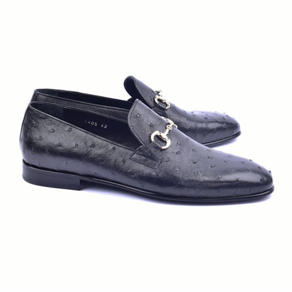 Different Types Of Loafers Corrente Genuine Ostrich Leather Silver Wow Bit Buckle Black Loafers