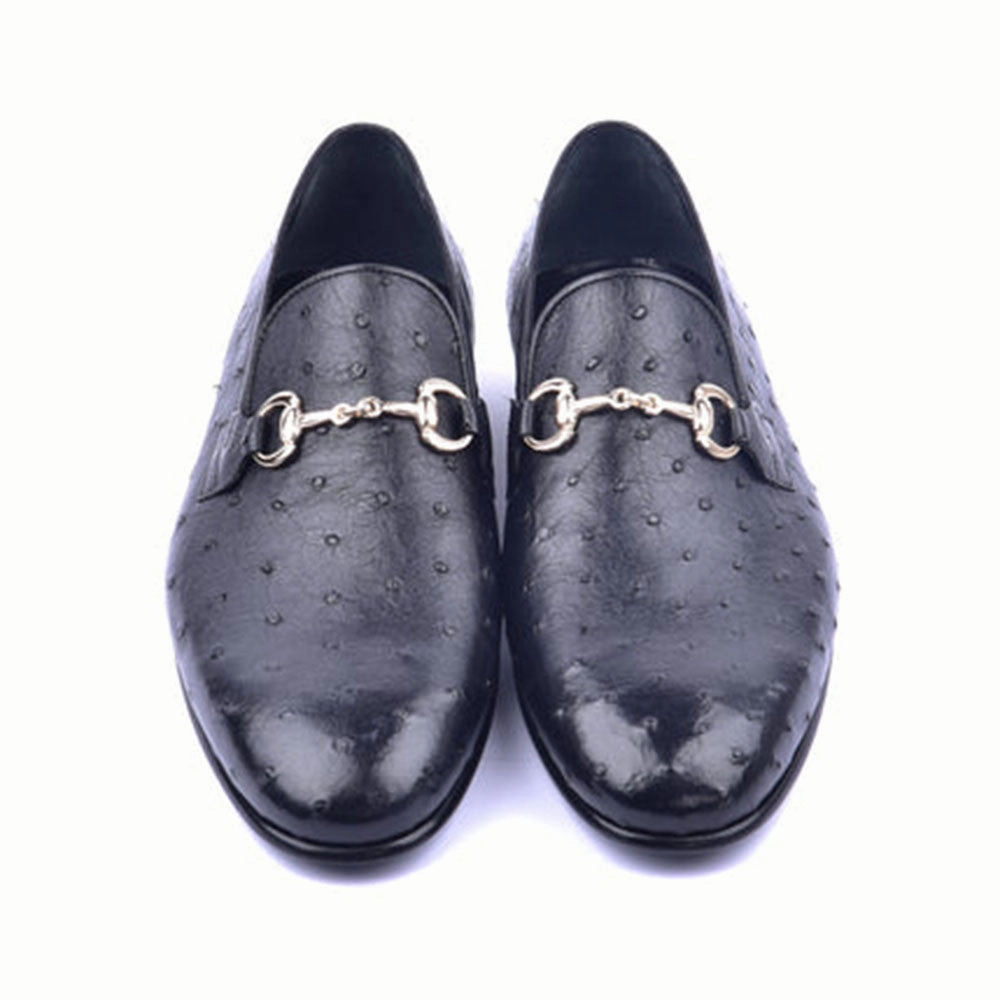 Corrente Genuine Ostrich Leather Silver Wow Bit Buckle Black Loafers Tuxedo Loafers