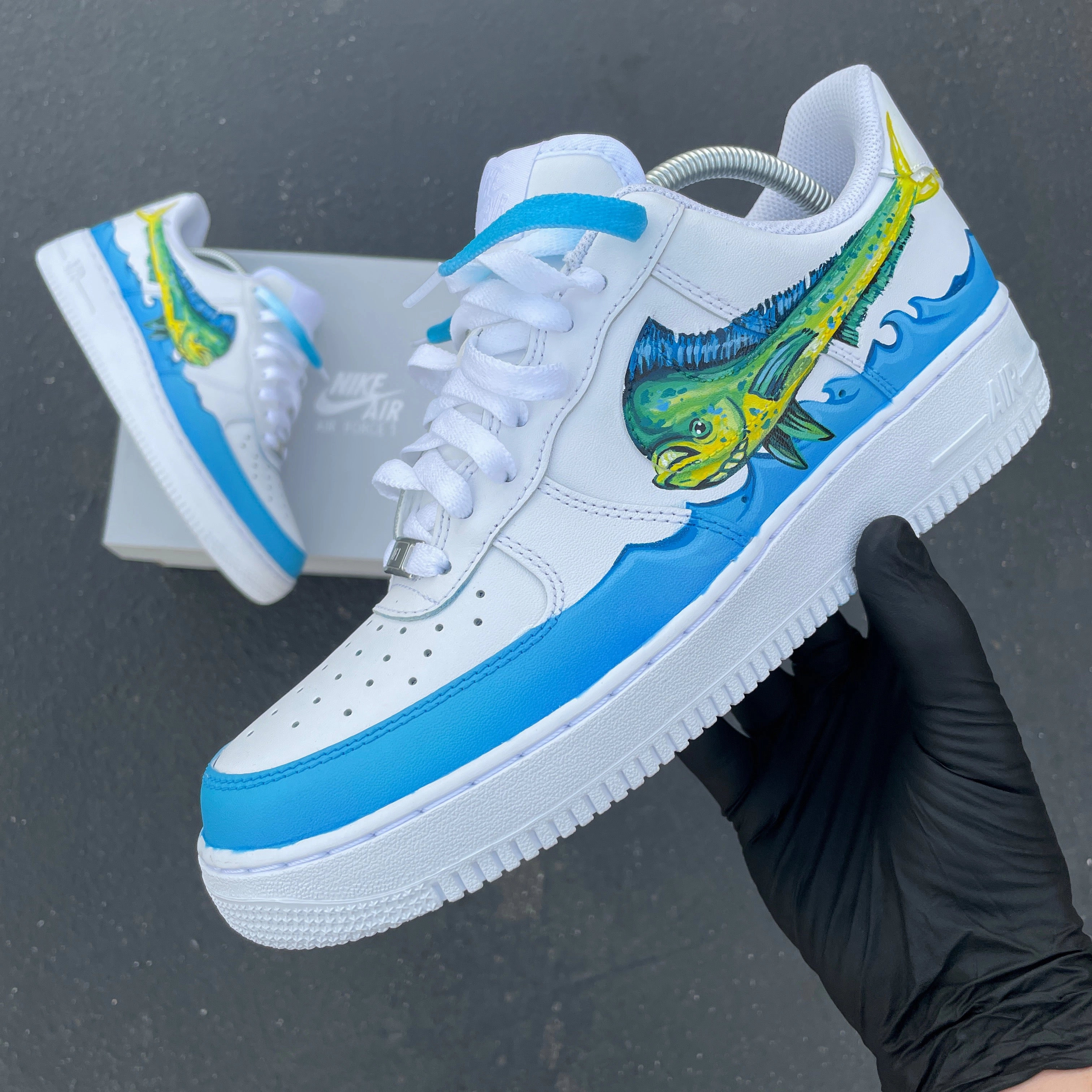 Custom Hand Painted White Mahi-mahi Fishing Themed Nike Air Force 1 Low Asics Tigers Wrestling Shoes