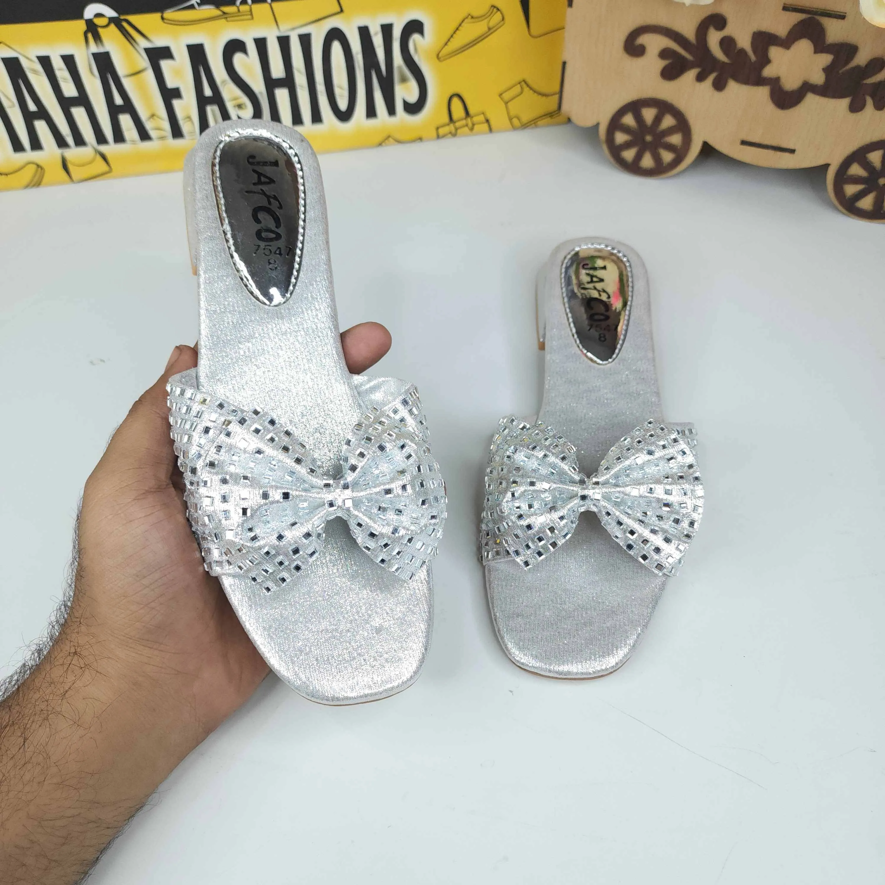 Hello Sock Slippers Silver Bow Slippers in Short Heel