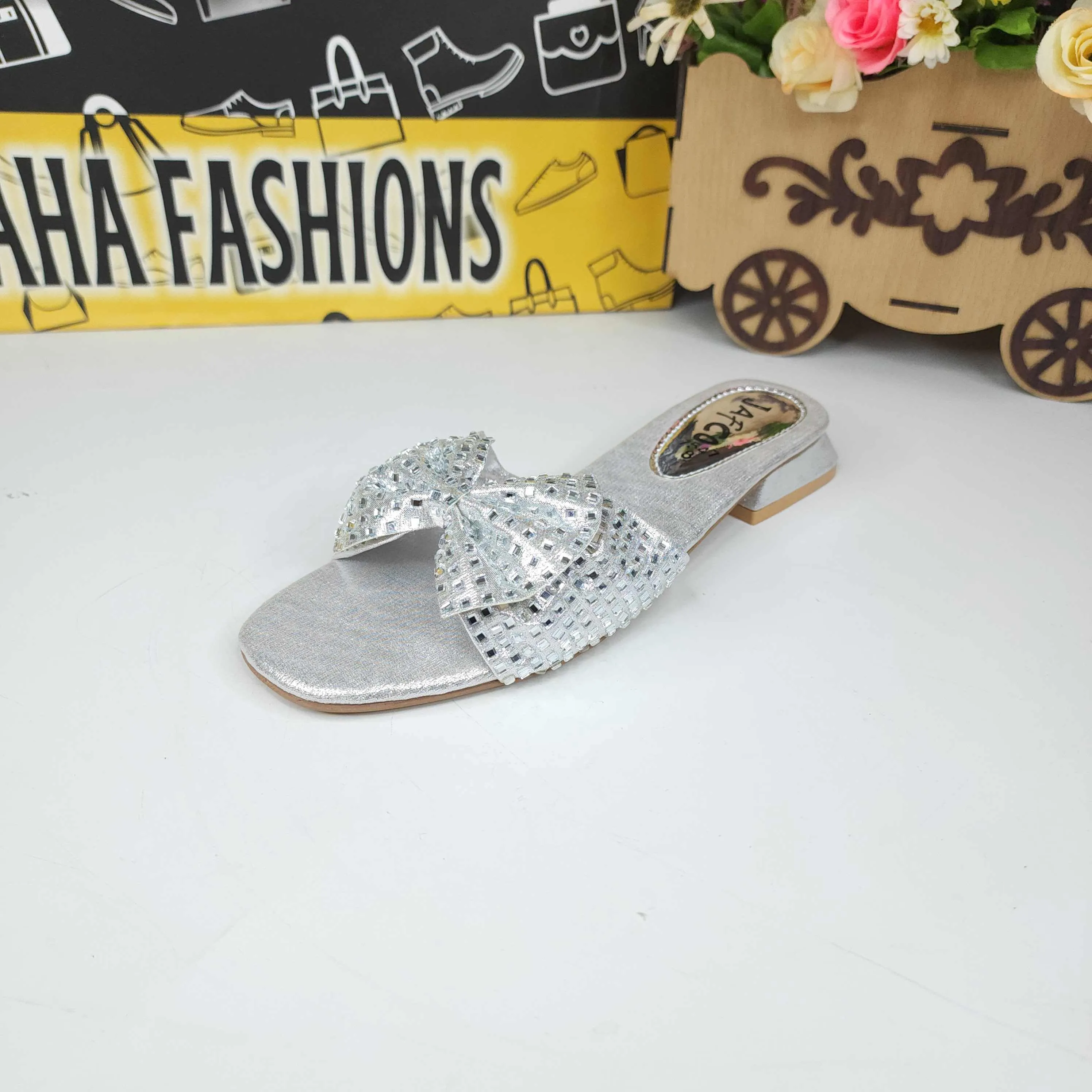 Silver Bow Slippers in Short Heel Denim Slippers