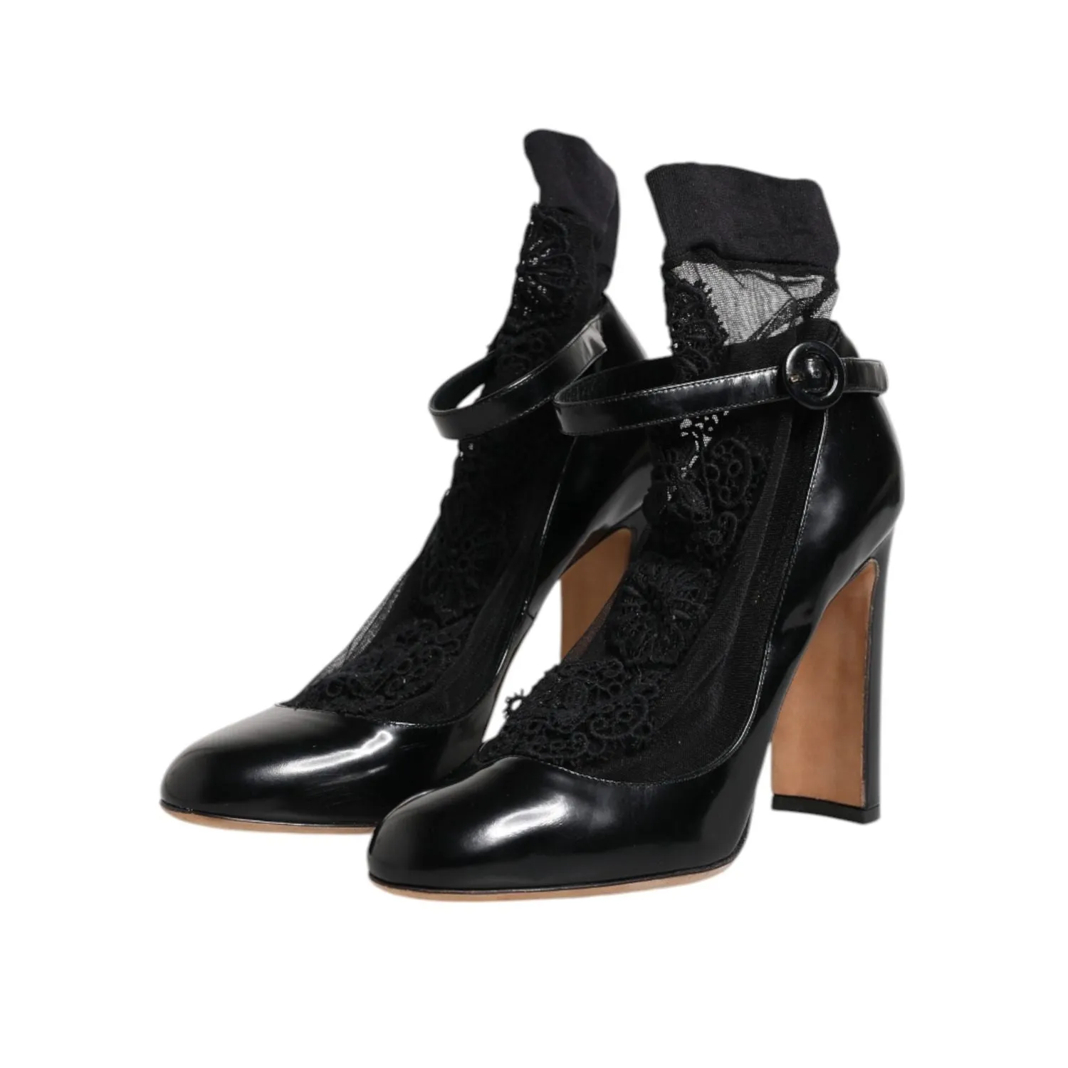 Dolce & Gabbana Black Leather Lace Socks Heels Pumps Shoes Sandals Church Palm Avenue