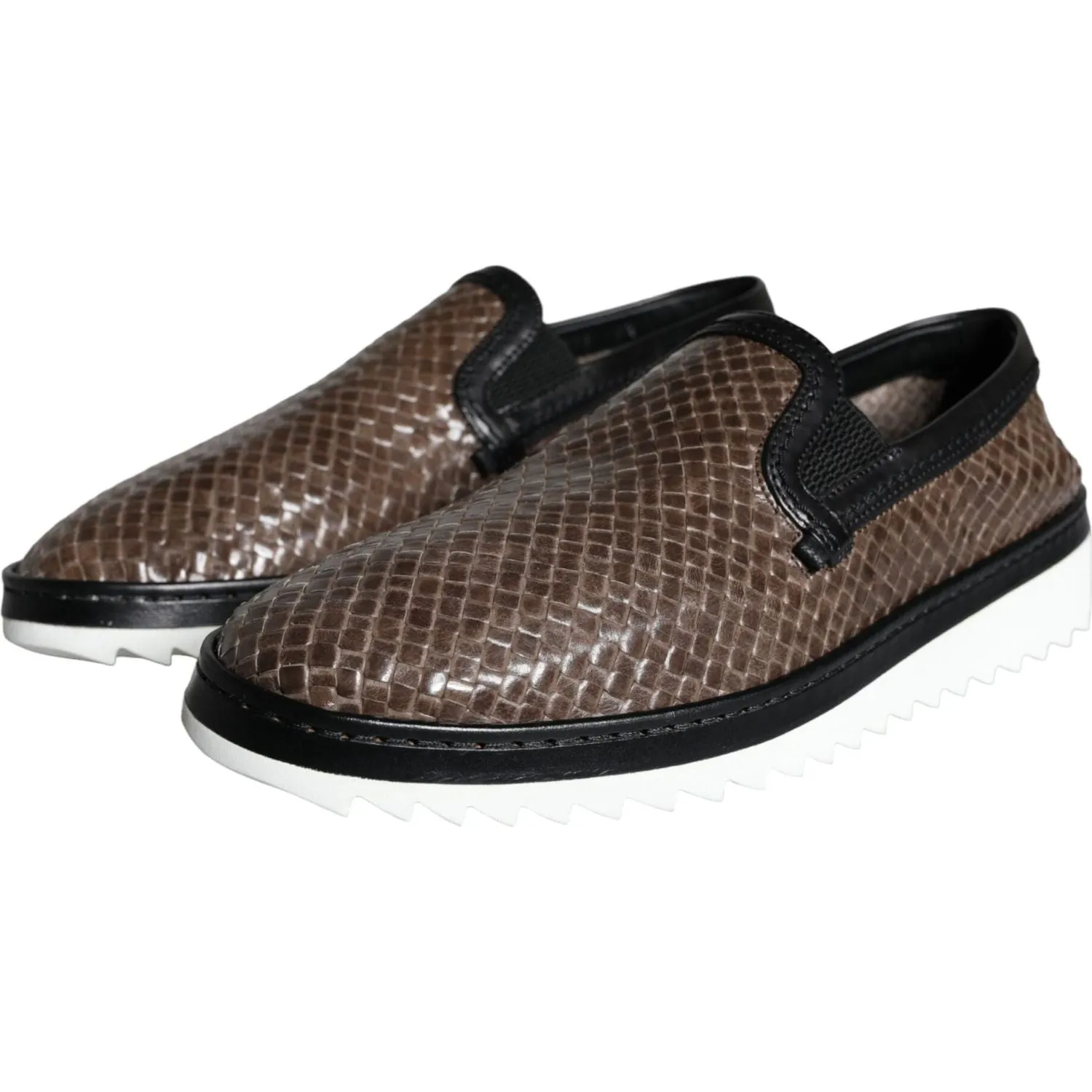 Dolce & Gabbana Brown Black Leather Weaved Men Loafers Shoes Moccasins Vs Loafers