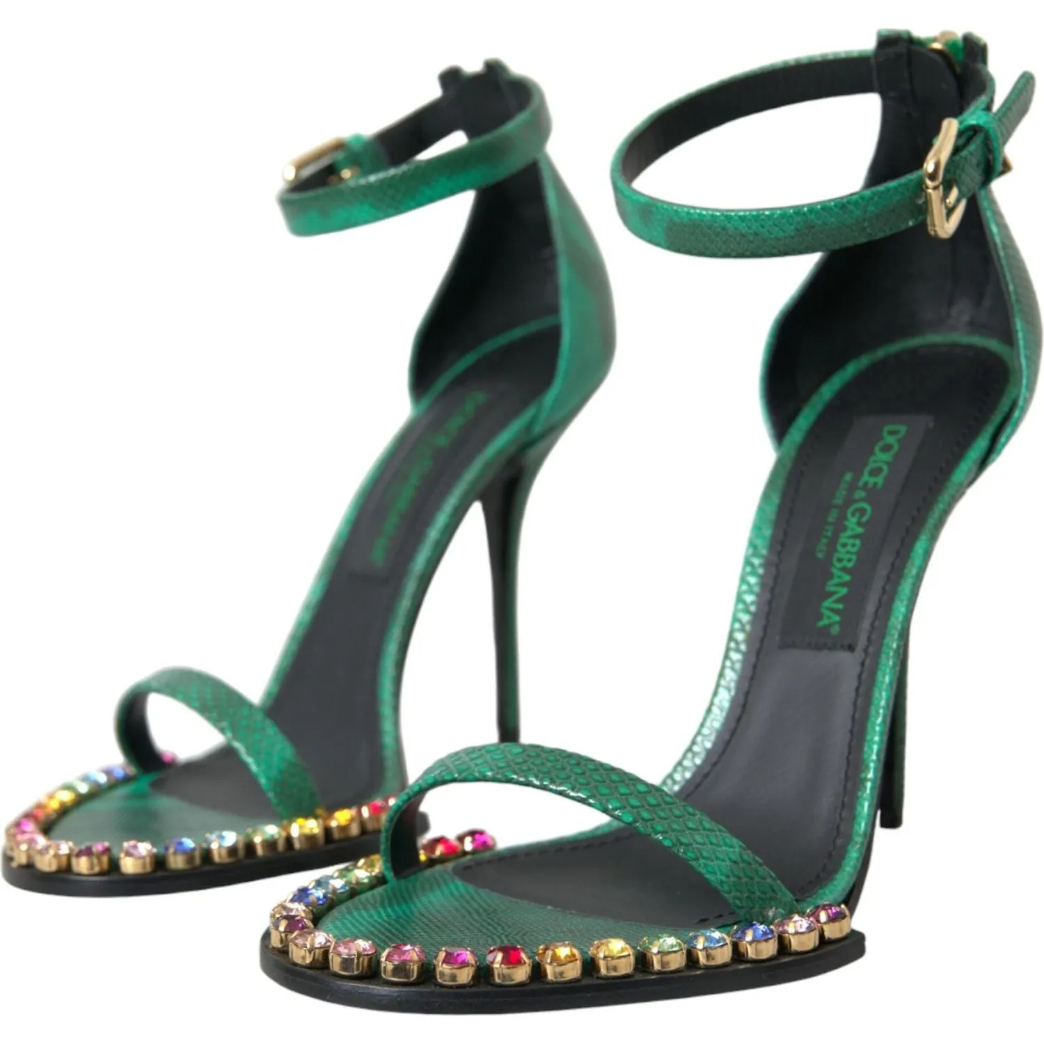 Dolce & Gabbana Green Exotic Leather Crystal Sandals Shoes Close Toe Sandals