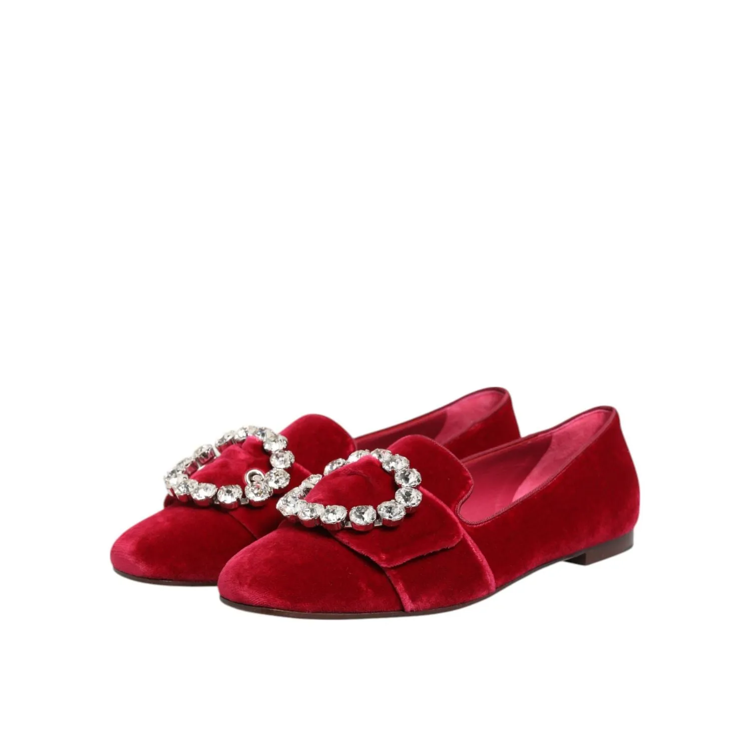 Dolce & Gabbana Red Velvet Crystal Buckle Loafers Flats Shoes Sling Back Loafers