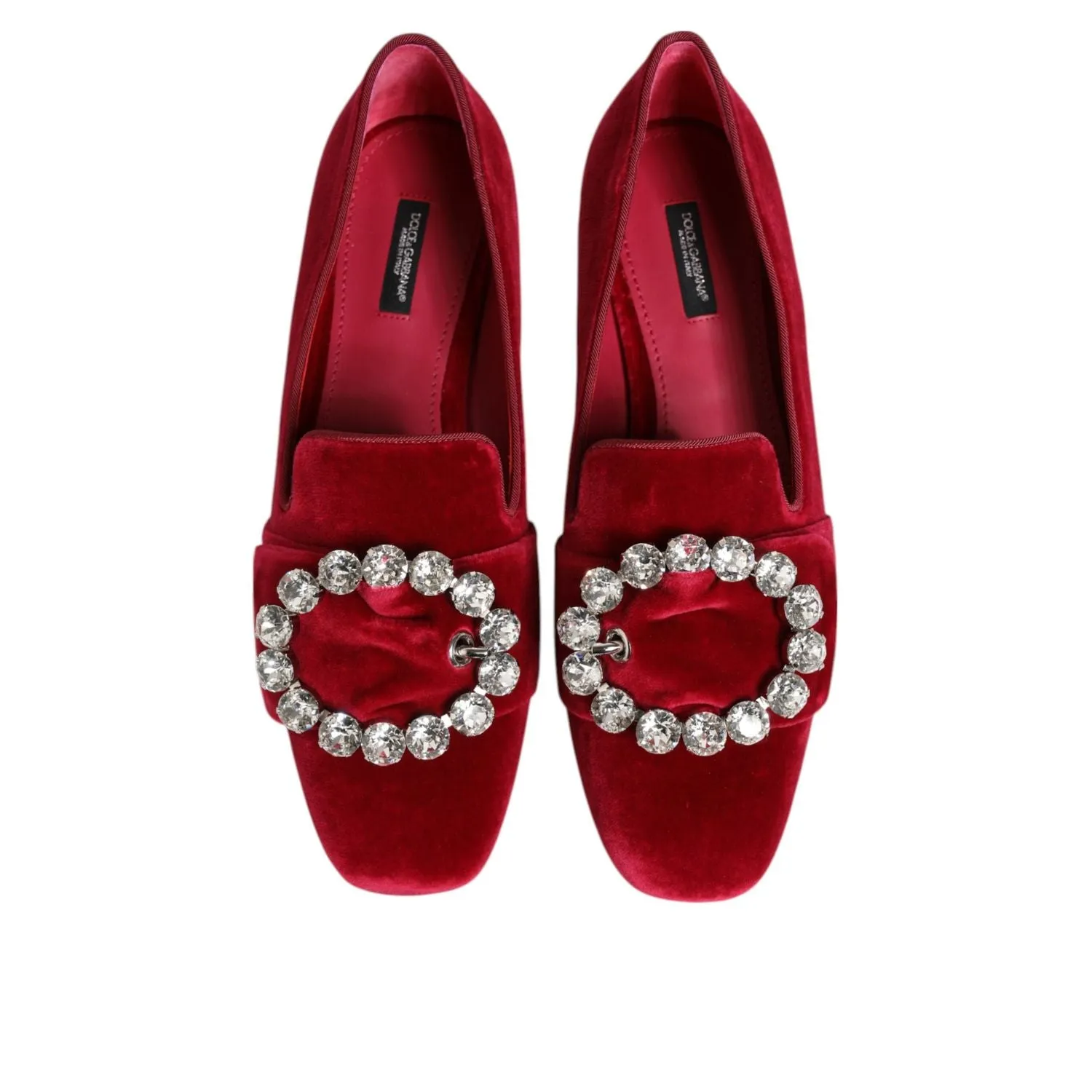 Dolce & Gabbana Red Velvet Crystal Buckle Loafers Flats Shoes Tuxedo With Loafers