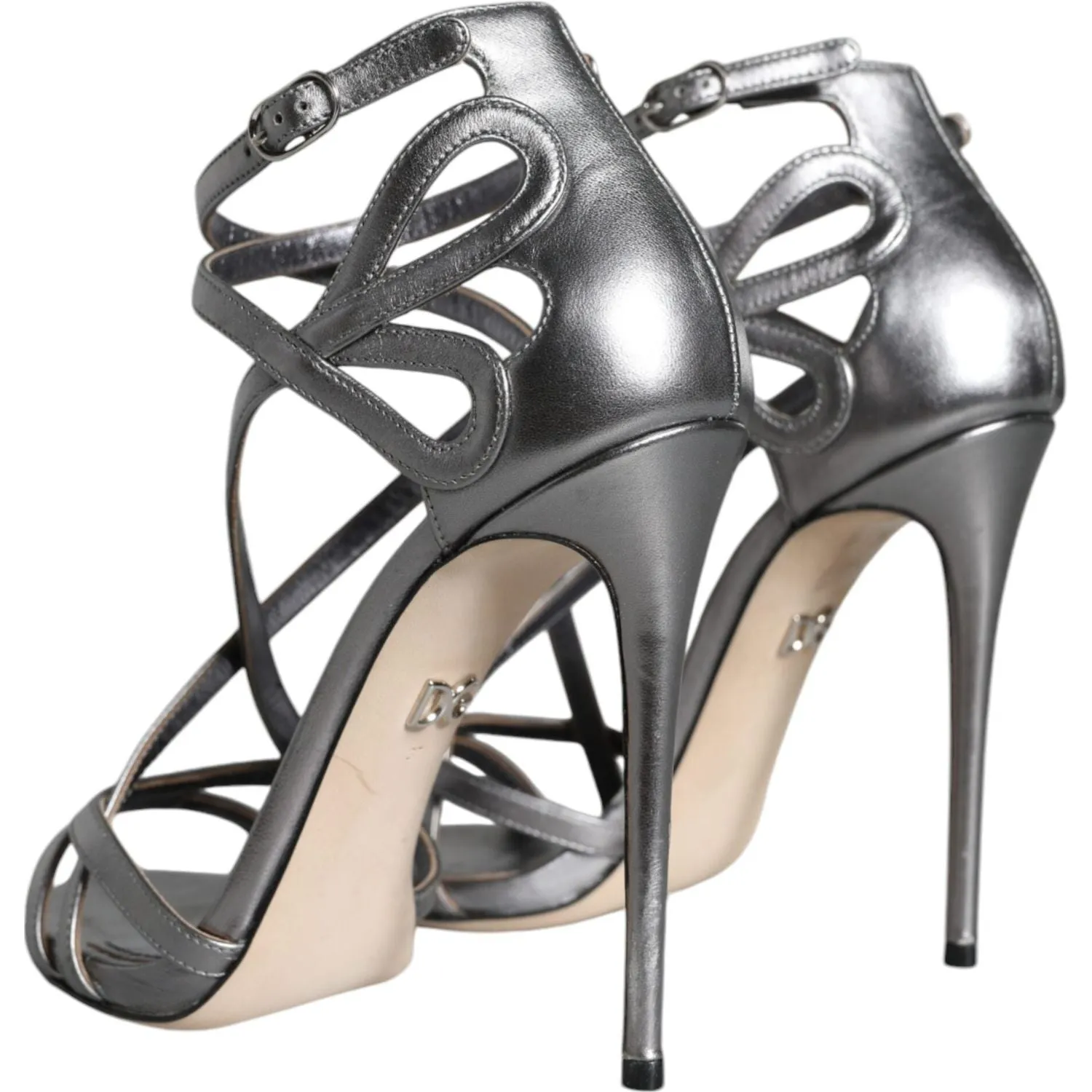 Dolce & Gabbana Silver Keira Leather Heels Sandals Shoes Walking Comfortable Sandals