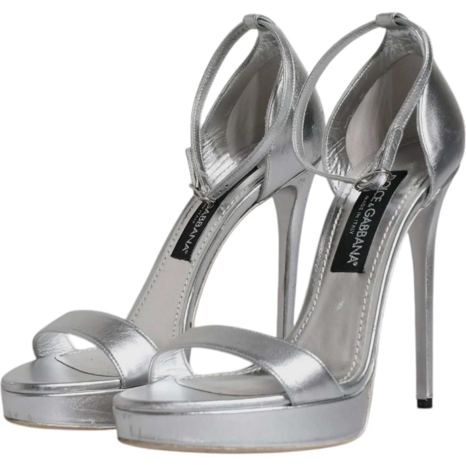 Dolce & Gabbana Silver Leather Platform Keira Sandals Shoes Low Wedge Heels Sandals