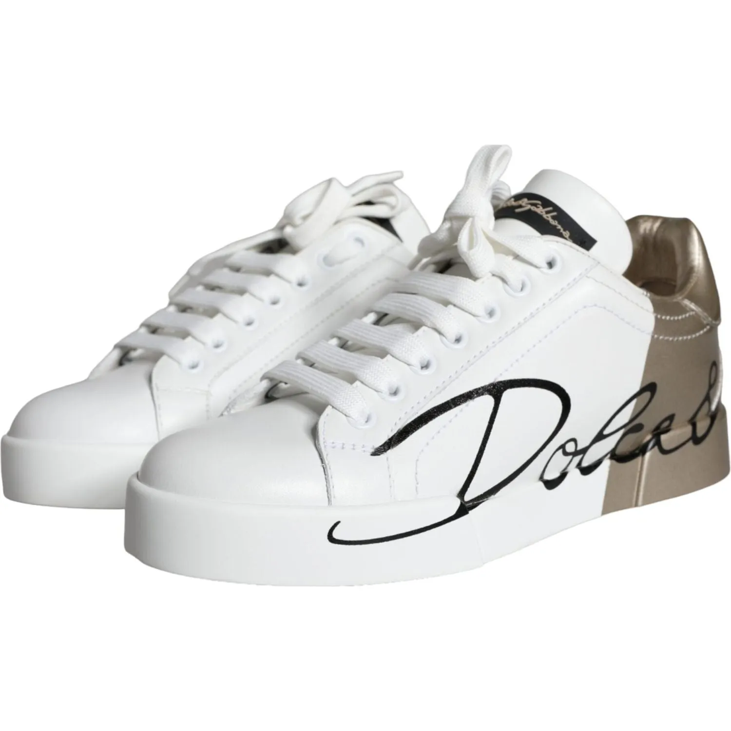 Italian Leather Sneakers Dolce & Gabbana White Gold Portofino Low Top Leather Sneakers Shoes