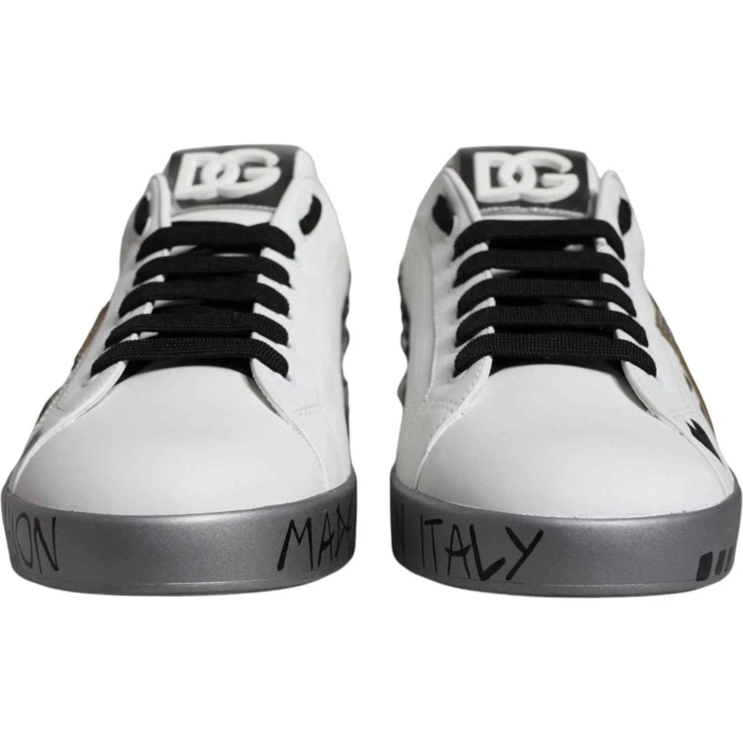 Dolce & Gabbana White Silver Crystal Logo Portofino Sneakers Shoes Best Casual Walking Shoes