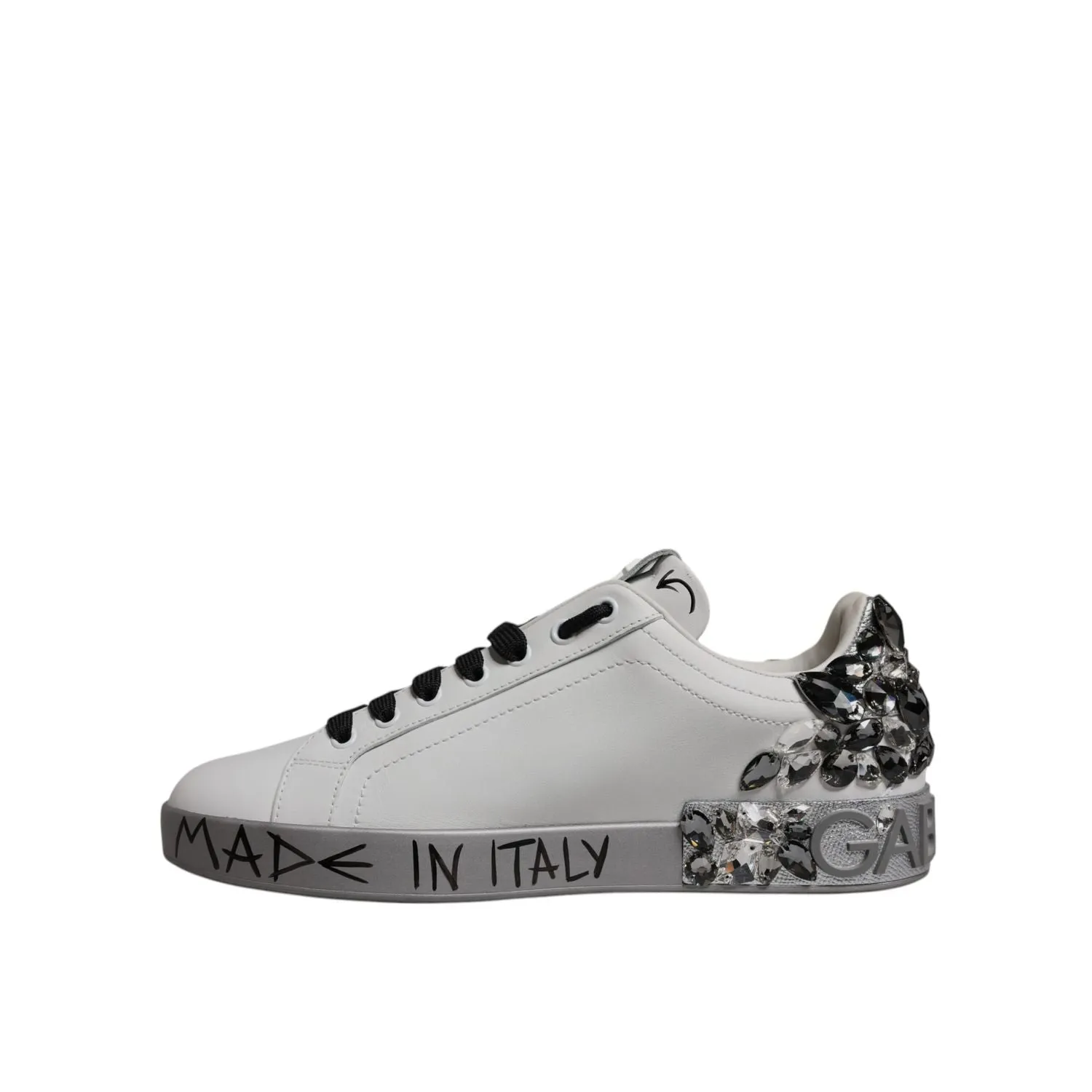 Trendy Casual Shoes Dolce & Gabbana White Silver Crystal Logo Portofino Sneakers Shoes