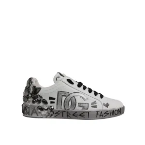 Dolce & Gabbana White Silver Crystal Logo Portofino Sneakers Shoes Bass Casual Oxford Shoe