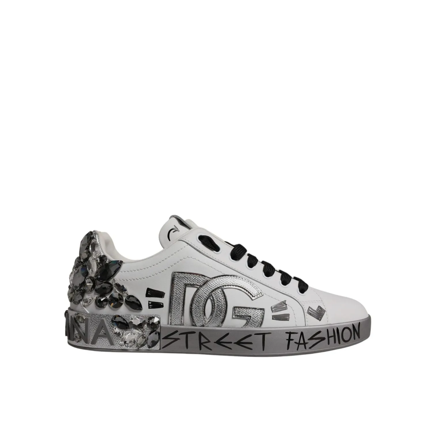 Dolce & Gabbana White Silver Crystal Logo Portofino Sneakers Shoes Grain Leather Casual Shoes