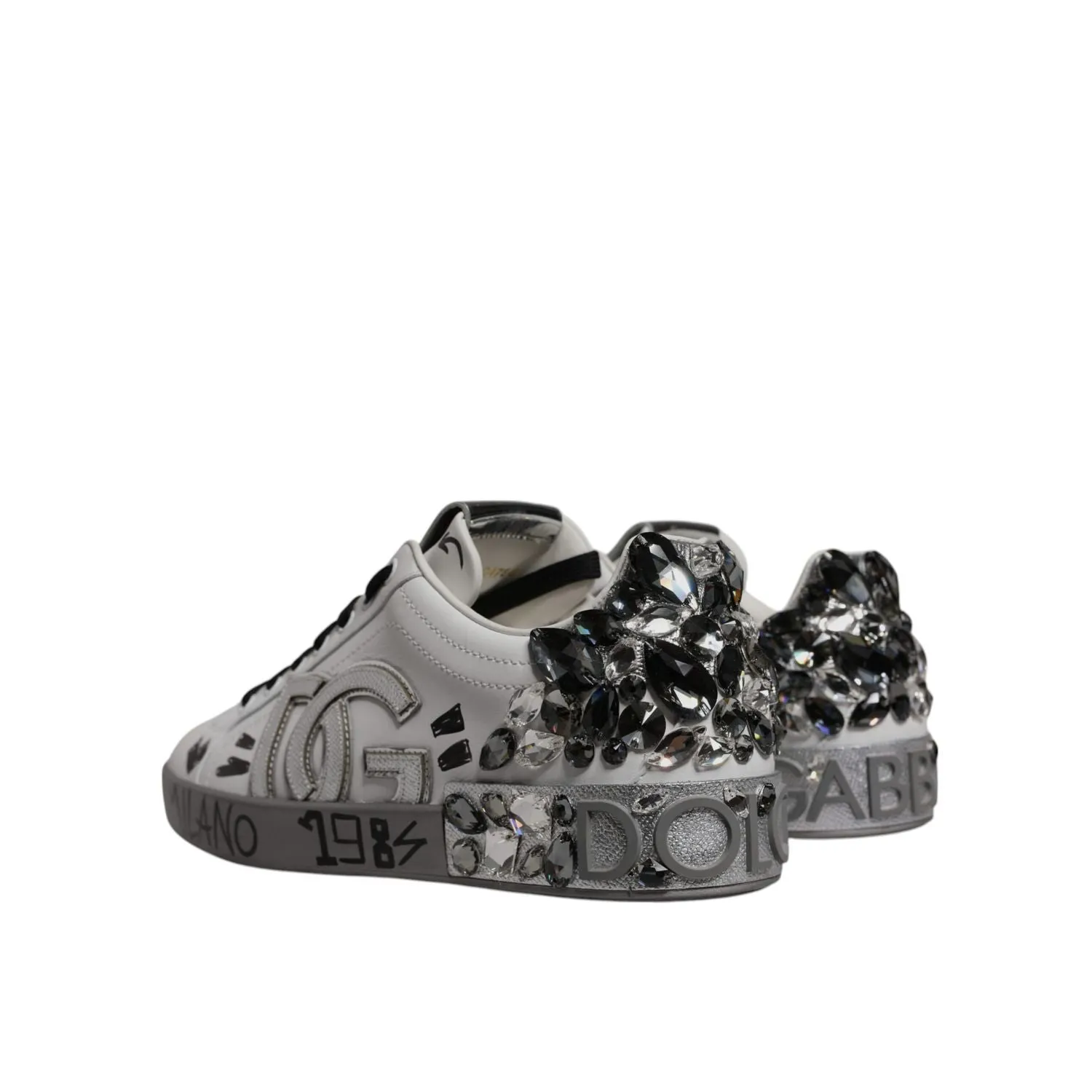 Dolce & Gabbana White Silver Crystal Logo Portofino Sneakers Shoes Casual Bootcut Shoes