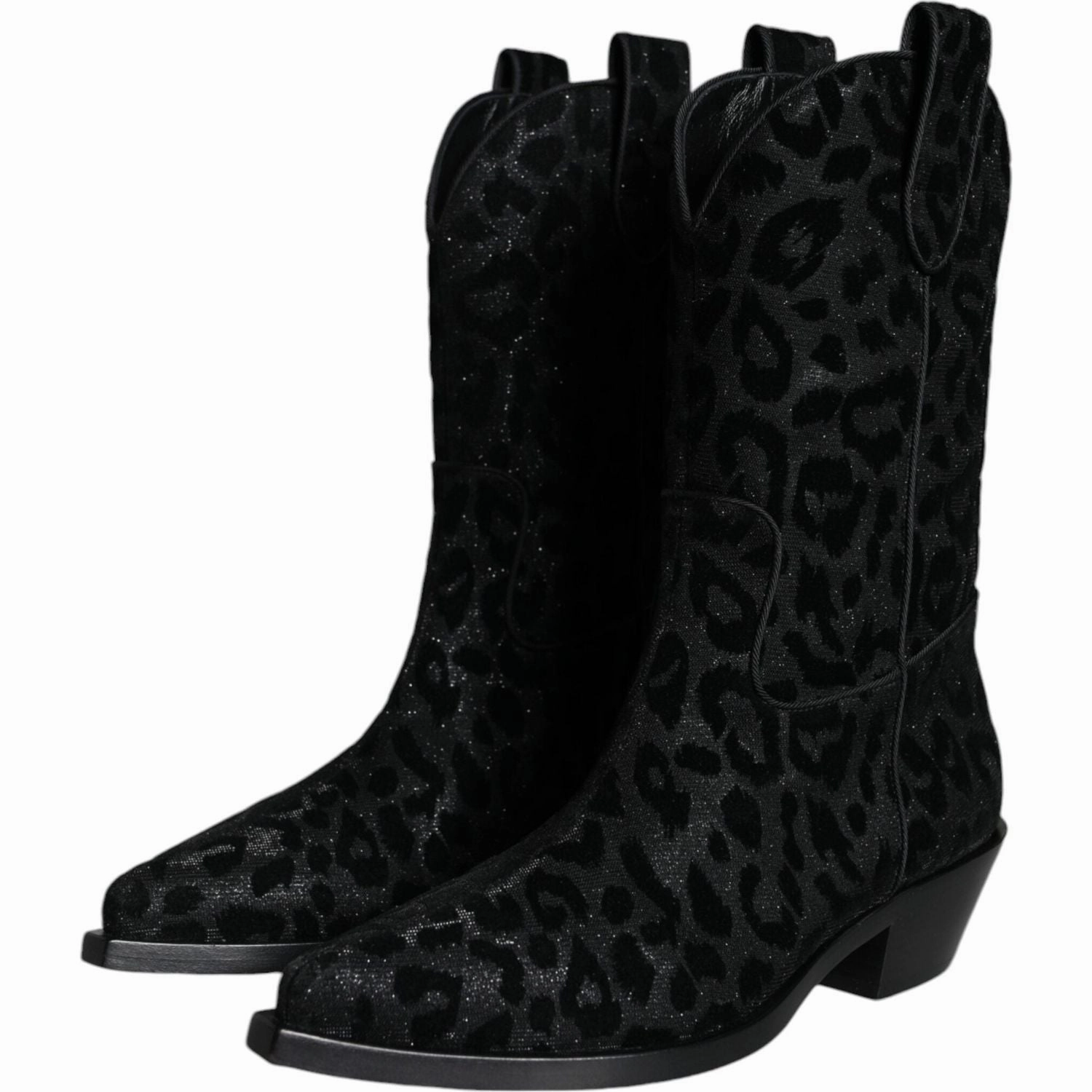 Dolce & Gabbana Black Gray Leopard Cowboy Boots Shoes Flat Covered Shoes