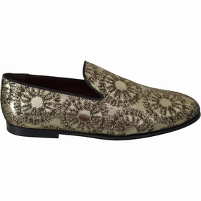 Jorts And Loafers Dolce & Gabbana Gold Jacquard Flats Mens Loafers Shoes