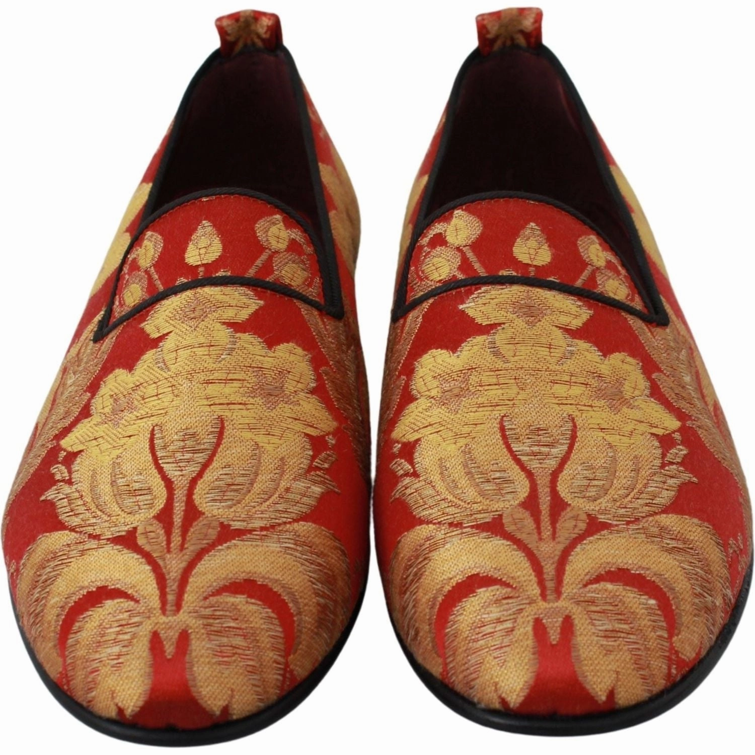 Dolce & Gabbana Red Gold Brocade Slippers Loafers Shoes Ladies Soft Leather Loafers