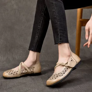 Hollow-out Breathable Flat Leather Peas Shoes Flat Style Of Shoe With A Strap Across The Instep