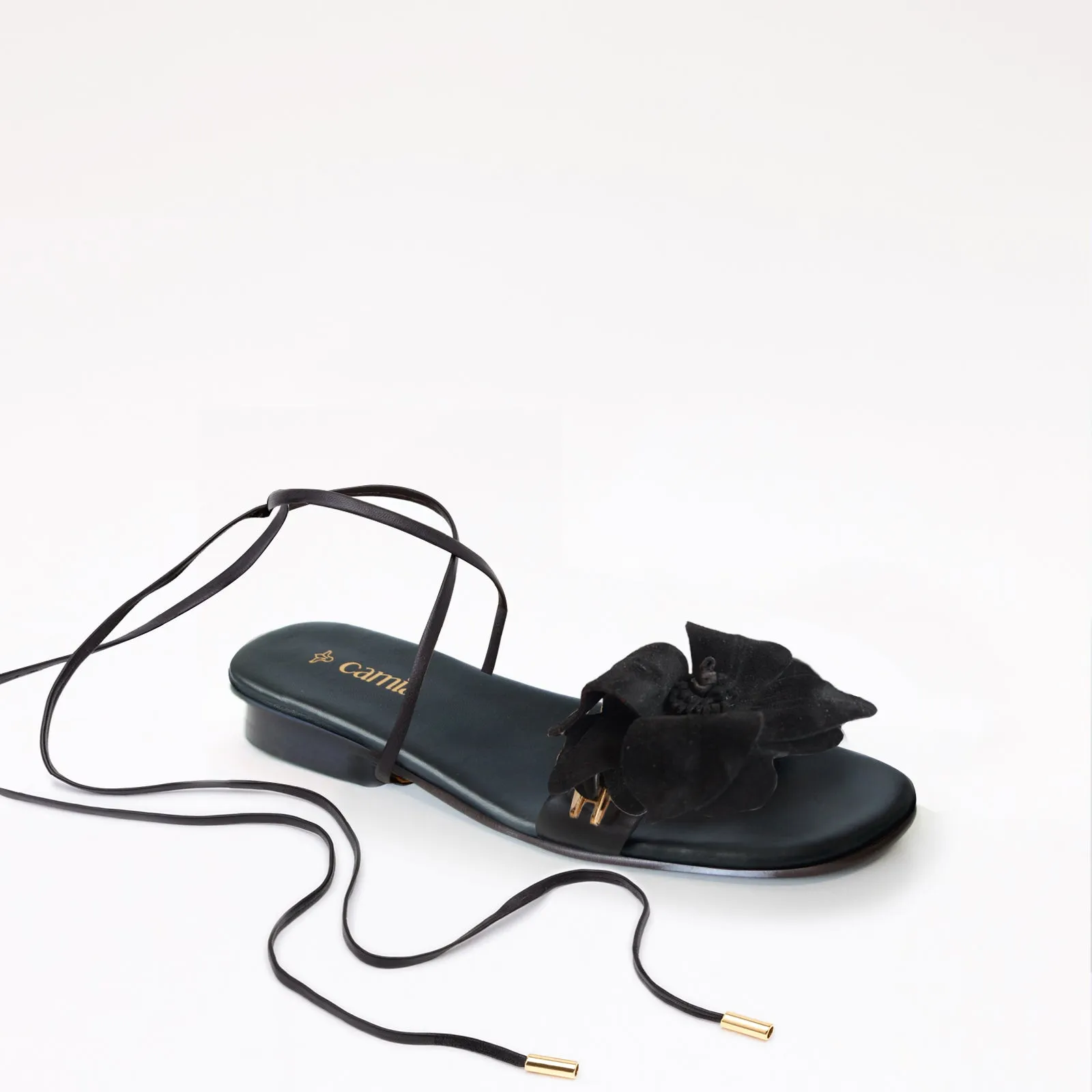 Black Flat Swap Sandal Charcoal Flower Gladiator Foldable Flat Shoes In A Bag