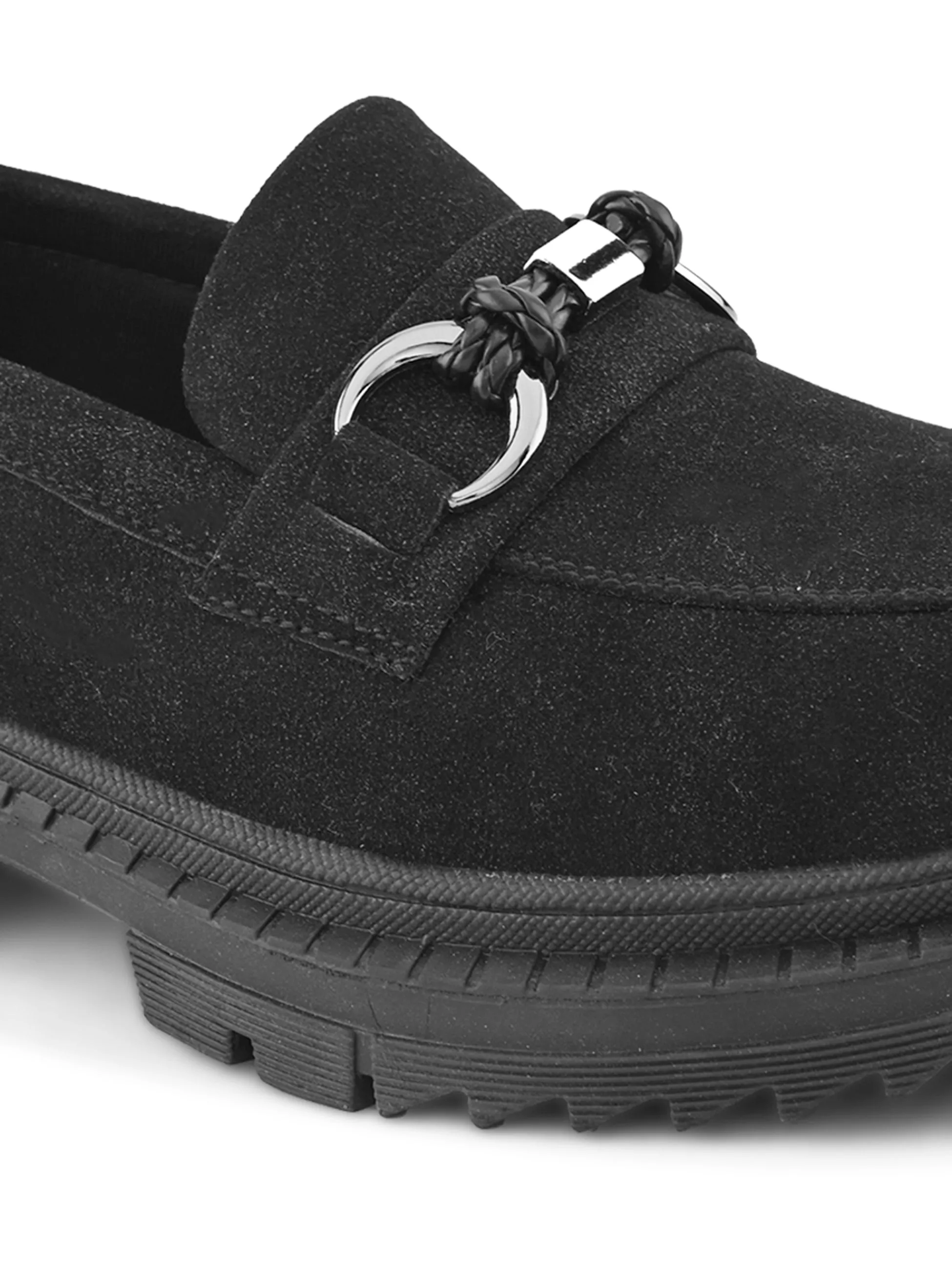 Bisou Women Black Chunky Loafers Lug Sole Penny Loafers