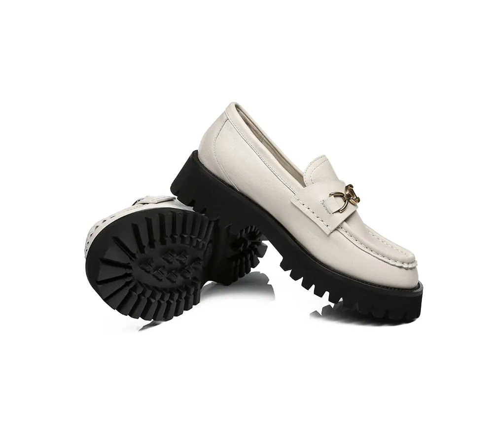 EVERAU Women Leather Gold Buckle Platform Chunky Loafers Patty Jack Erwin Loafers