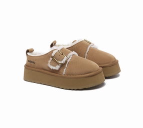 EVERAU UGG Slippers Sheepskin Wool Adjustable Buckle Ankle Platform Tobias Shearling Clog Slippers