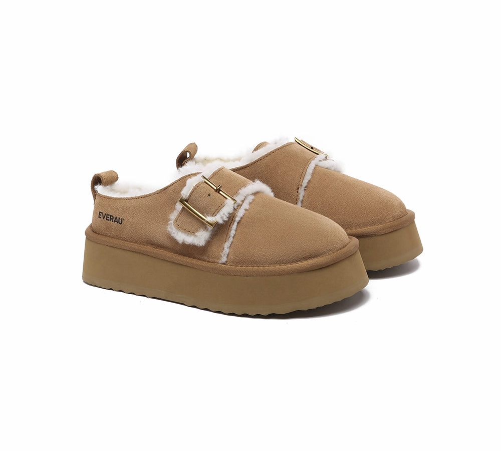 EVERAU UGG Slippers Sheepskin Wool Adjustable Buckle Ankle Platform Tobias High Quality Slippers