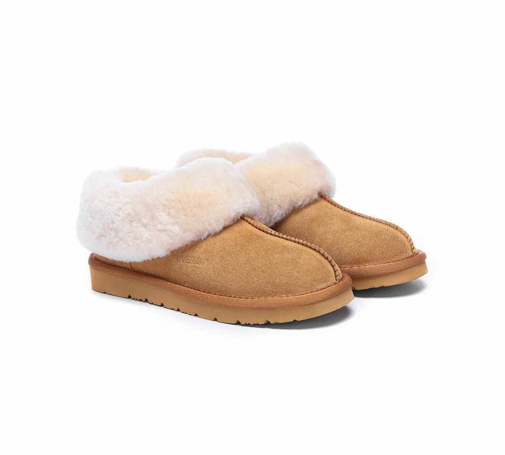 EVERAU UGG Slippers Sheepskin Wool Suede Ankle Homey Open Back Slippers