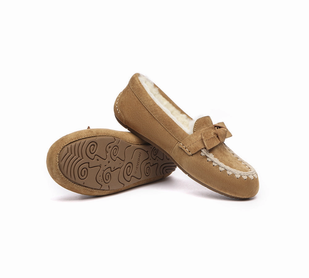 EVERAU UGG Slippers Women Sheepskin Wool Bow Ankle Woven Moccasins Female Flat Slippers