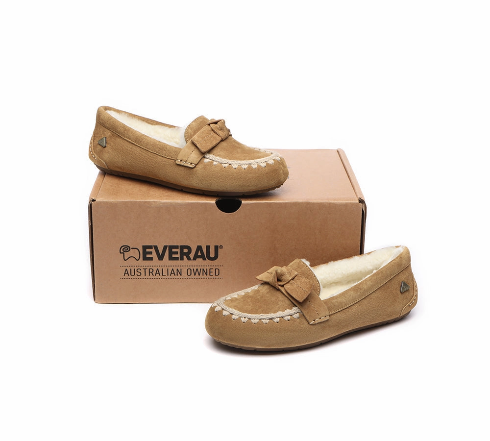 EVERAU UGG Slippers Women Sheepskin Wool Bow Ankle Woven Moccasins Arizona Slide Sandals
