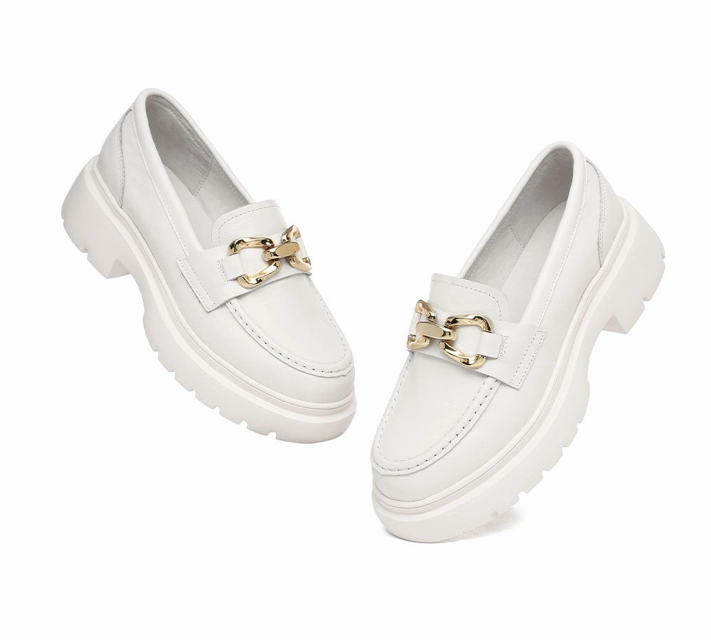 High Heel Platform Loafers EVERAU Women Leather Gold Buckle Platform Chunky Loafers Della