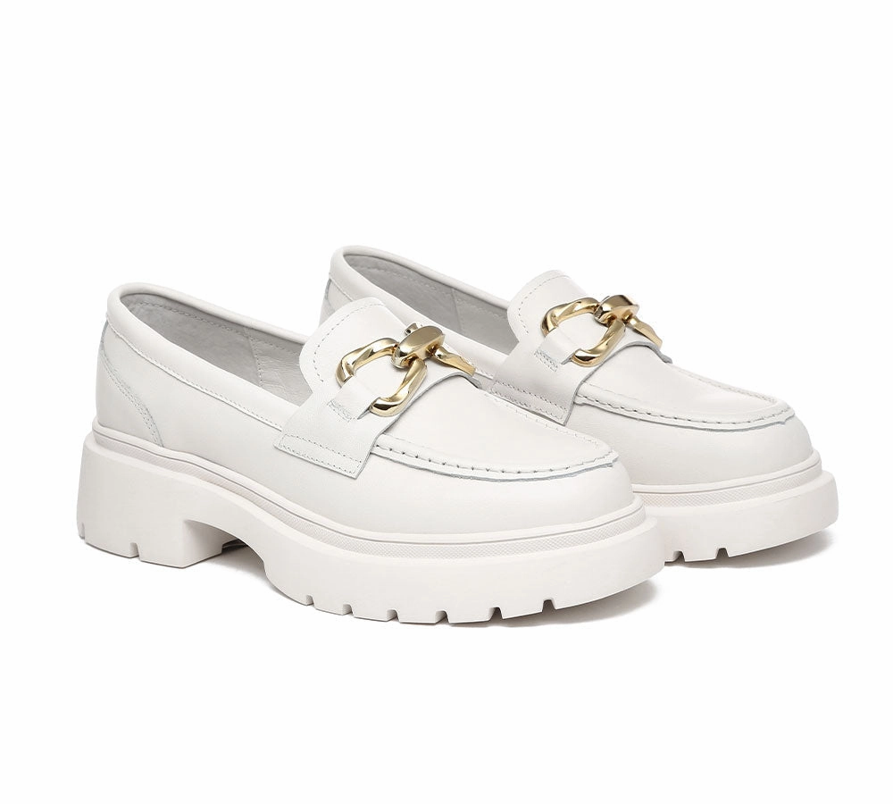 EVERAU Women Leather Gold Buckle Platform Chunky Loafers Della Pierced Marni Loafers