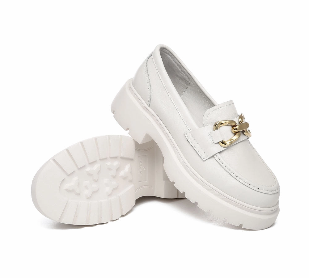 Loafers Soft EVERAU Women Leather Gold Buckle Platform Chunky Loafers Della