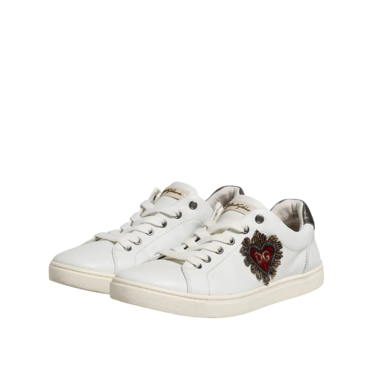 Dolce & Gabbana White Silver Sacred Heart Men Sneakers Shoes Bike Sneakers