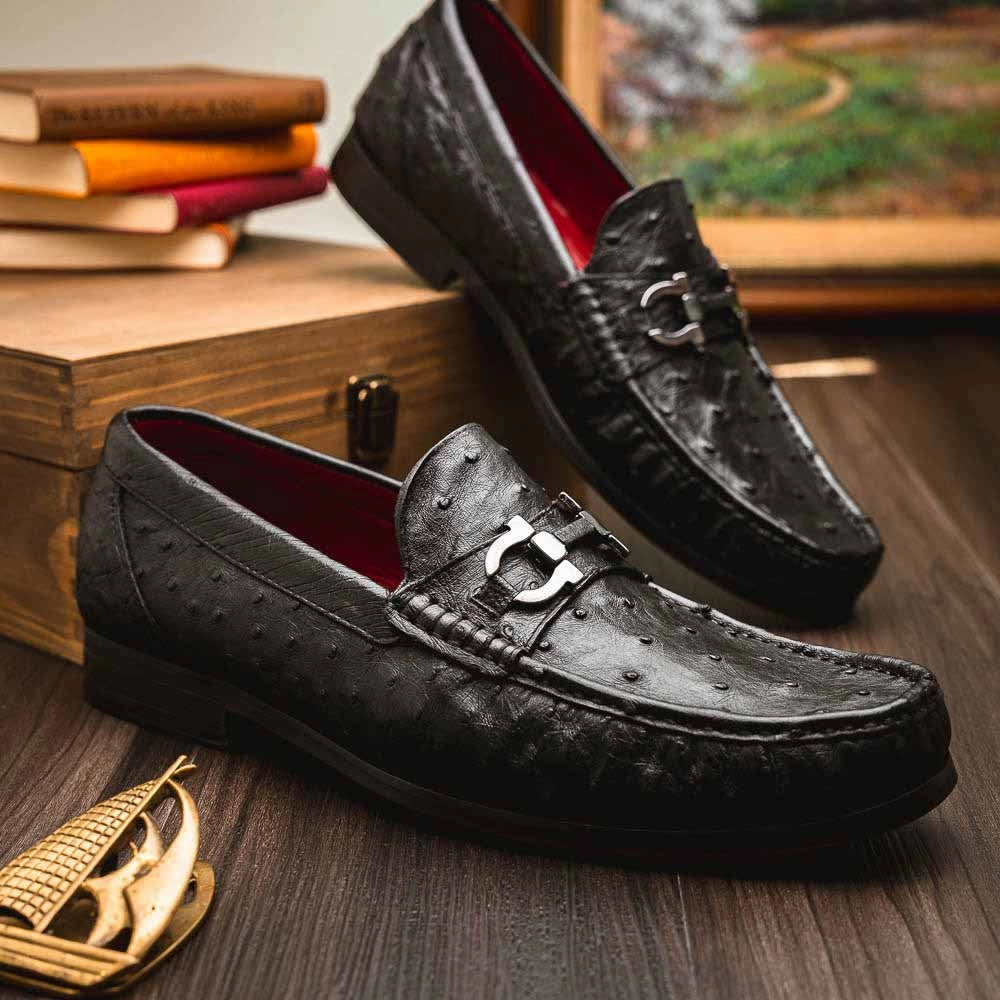 Ferrioni Black Mens Genuine Ostrich Moc Toe Bit Loafers | Marco Di Milano Cool Penny Loafers