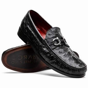 Ferrioni Black Mens Genuine Ostrich Moc Toe Bit Loafers | Marco Di Milano Designer Loafers For Sale