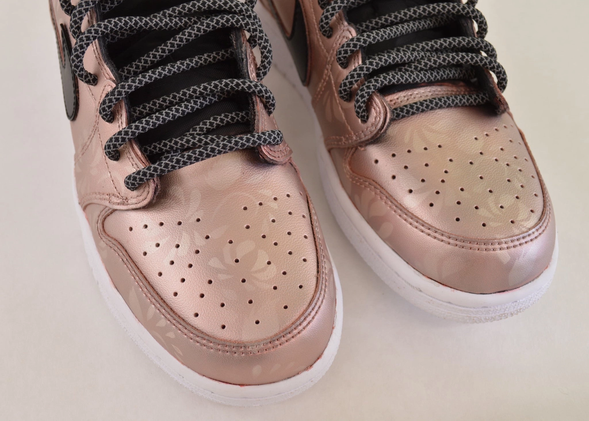 Custom Nike Rose Gold Jordan Retro 1 Low OG Sneakers - Hand Painted Asics Dynaflyte 2 Running Shoes