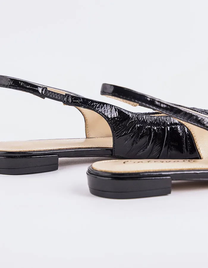 Fransy Black Leather Flat Shoes With Ribbon