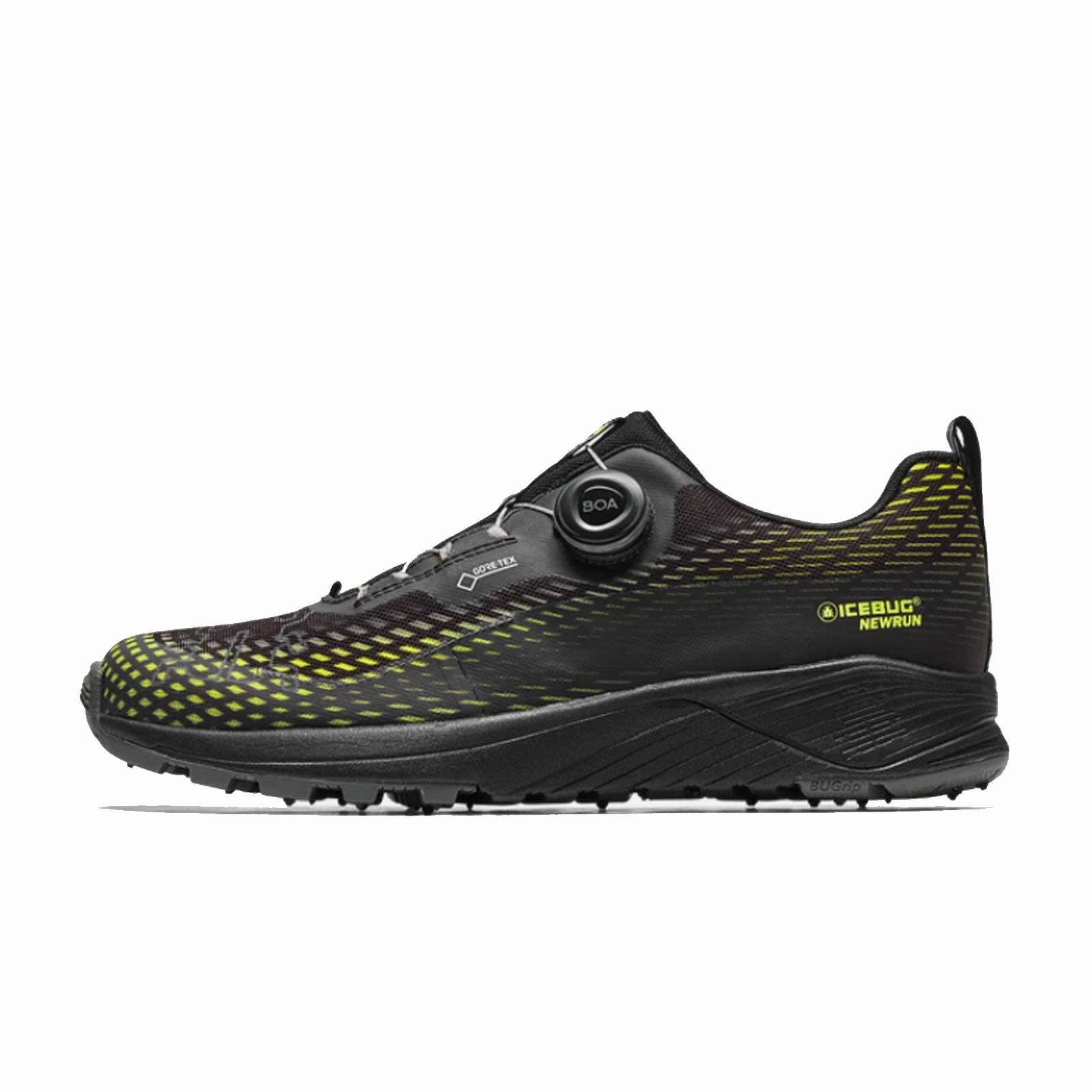 Fast Run Shoes Icebug NewRun BUGrip GTX Running Shoe (Men) - Black/Poison with Studs