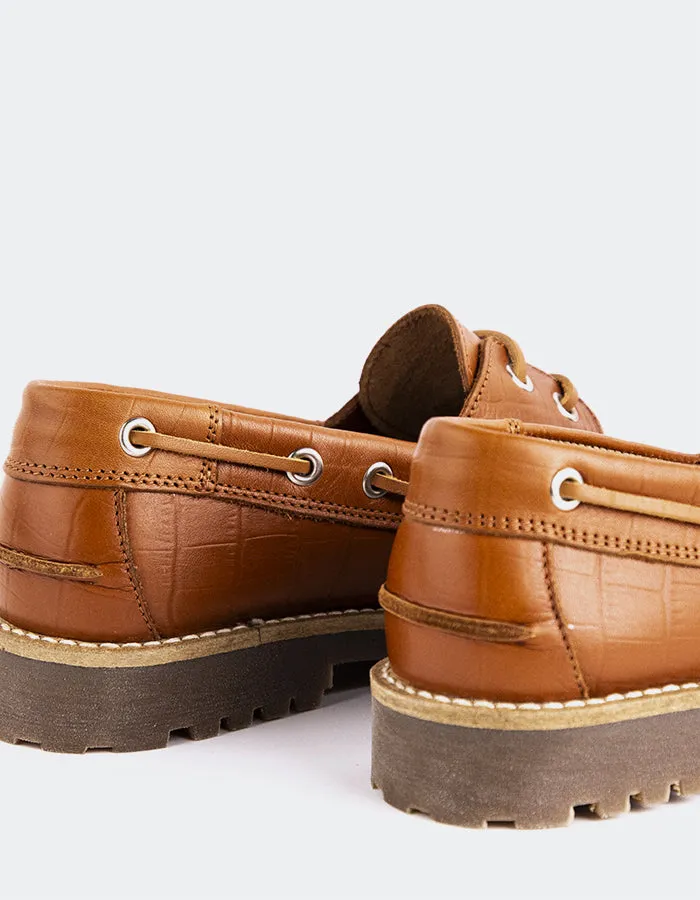 Gaia Chestnut Croco Loafers With Socks And Jeans